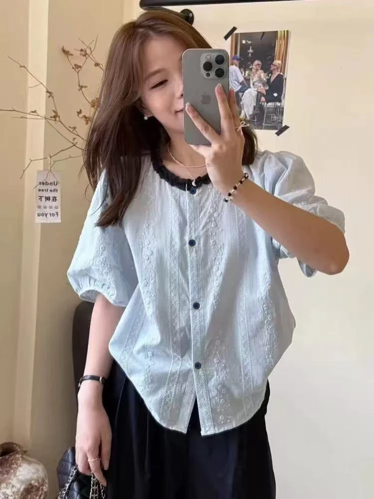 高级感重工钩花刺绣蓝色短袖衬衫女木耳边撞色领洋气小衫夏季上衣