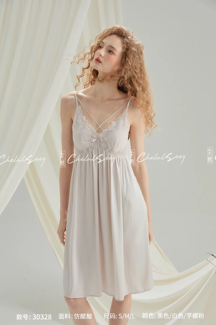 尘熙~新款夏季吊带带胸垫性感美背睡裙30328