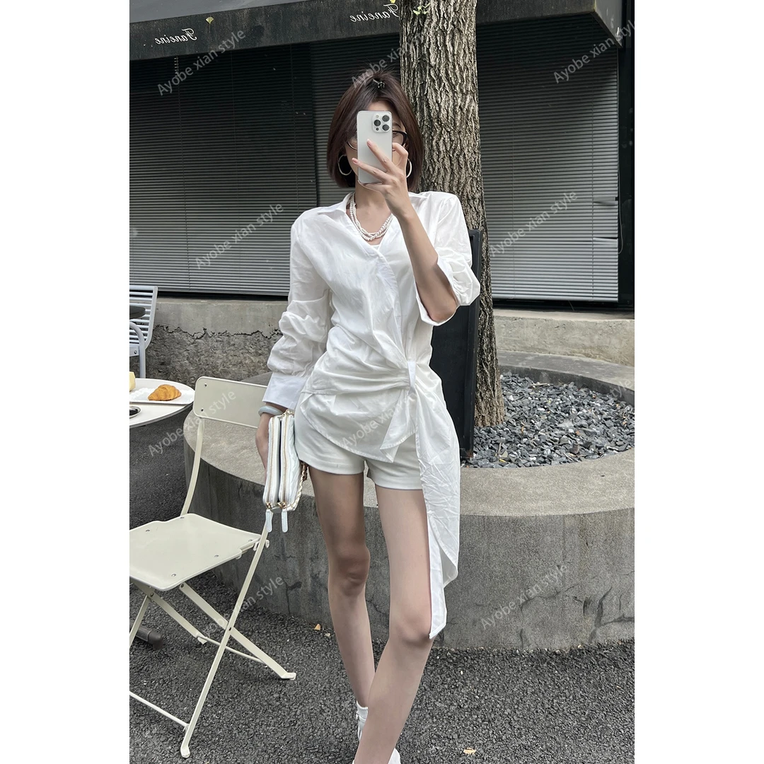 AYOBE小贤/昨日荒野  慵懒风不规则交叉v领气质绑带长袖防晒衫