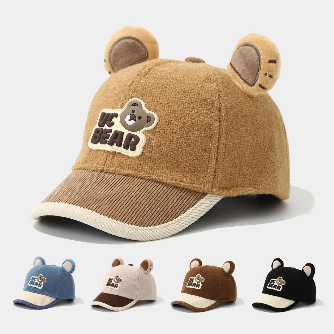 婴幼儿童可爱卡通小熊鸭舌帽子秋冬季男童女宝宝保暖毛呢棒球帽潮