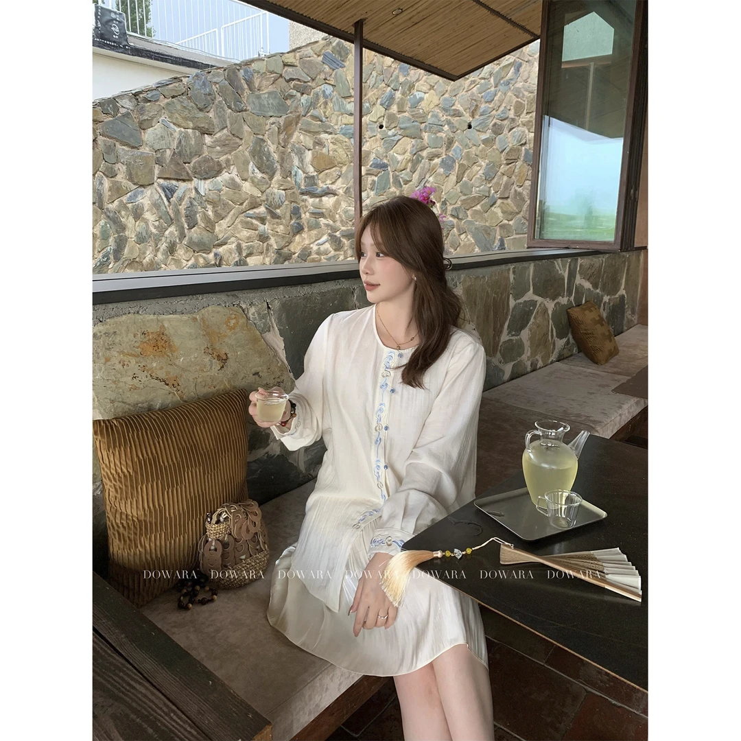 现货9504D大婉酱微胖定制【亚麻混纺祥云衫】新中式莱赛尔亚麻衬衫