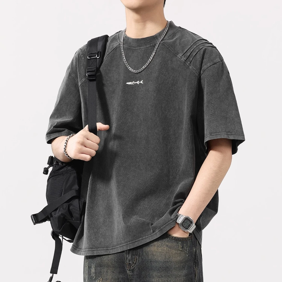 美式复古短袖t恤男士夏季纯棉重磅做旧宽松休闲圆领拼接半袖体恤T