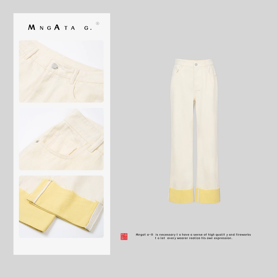 MNGATA G.宫小妍【翻边白牛】棉质25春新中式中国风休闲裤子4120729