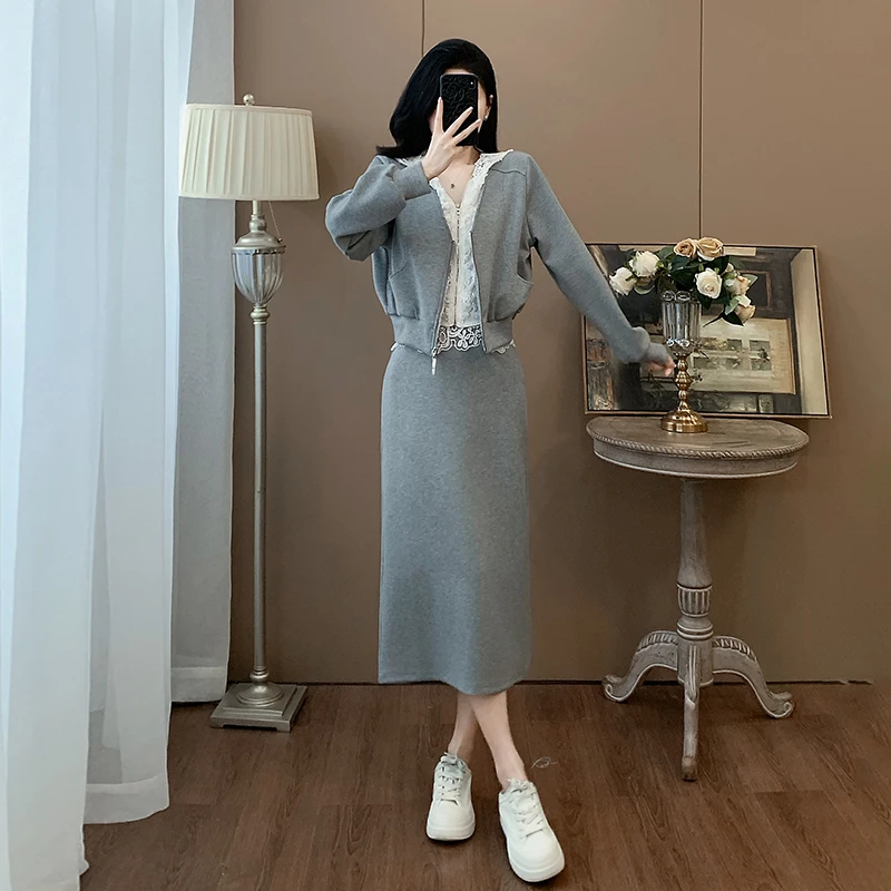 韩系气质时尚套裙女2025春拼接蕾丝洋气灰色外套上衣半身裙两件套