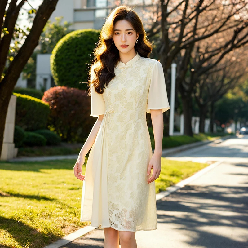 奢姿大码女装2025夏季气质蕾丝小立领旗袍裙子胖妹妹时尚连衣裙