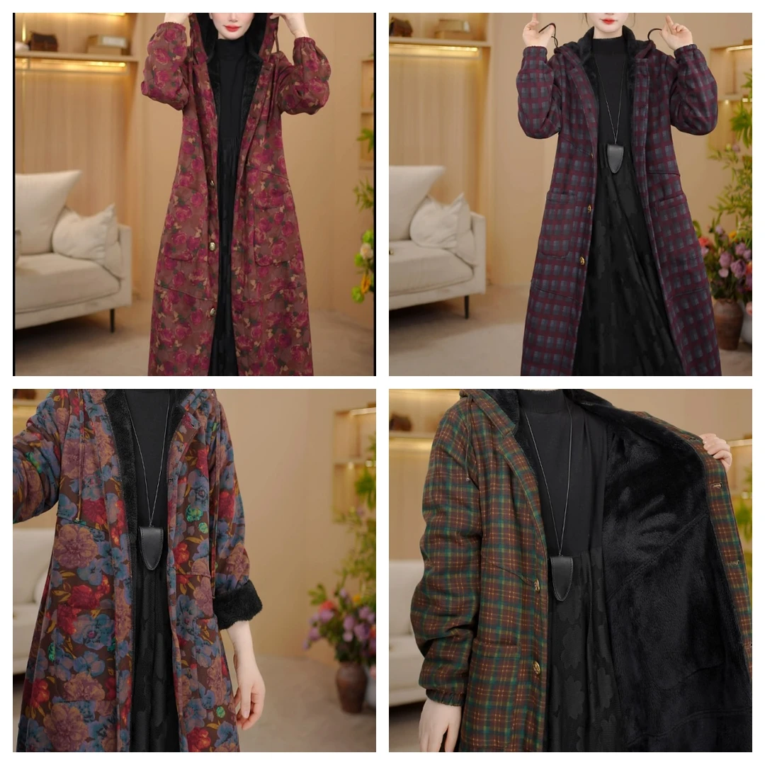 北极绒加绒加厚花苞女装气质连帽风衣森系棉麻中长款设计师外套