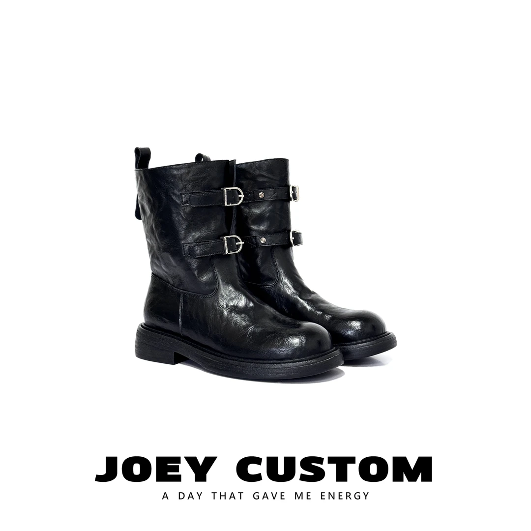 JOEY | 【马油双扣】水洗马油真皮女靴复古机车风时尚短靴 80-25