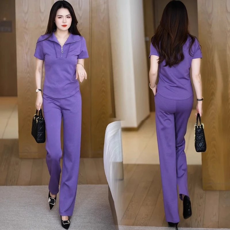 休闲运动套装女2025夏季新款洋气显瘦半拉链短袖上衣阔腿裤两件套