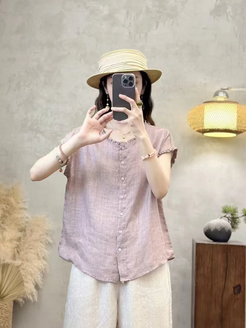 苎麻无袖圆领文艺纯色宽松复古薄款女士休闲小衫夏季洋气显瘦提花