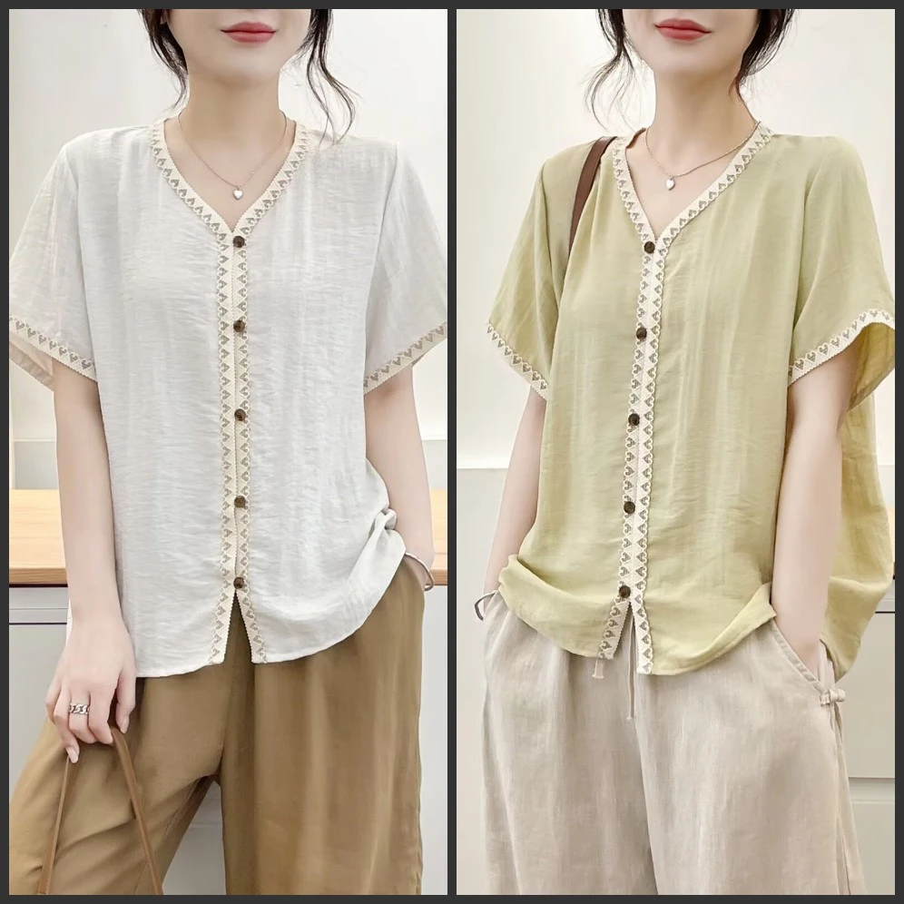 梦冬佳--120-200斤大码女装文艺风V领女短袖衬衫宽松百搭显瘦小衫