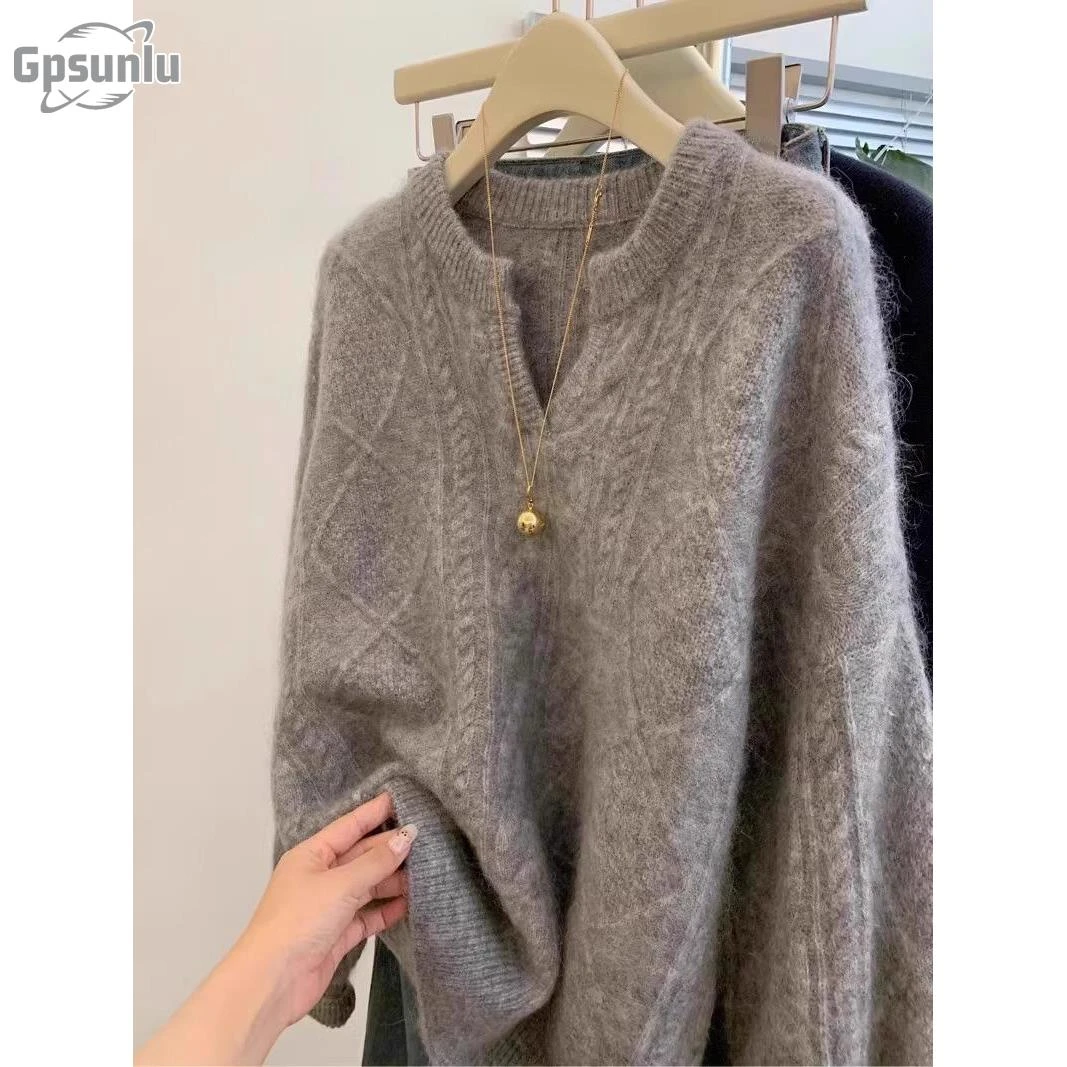 gpsunlu高级感灰色毛衣女秋冬慵懒风加厚内搭时尚显瘦针织上衣