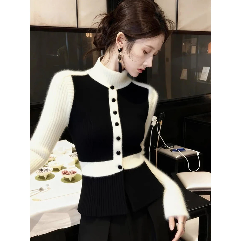 2025秋冬新款慵懒气质撞色高领毛衣女软糯内搭套头长袖针织衫上衣