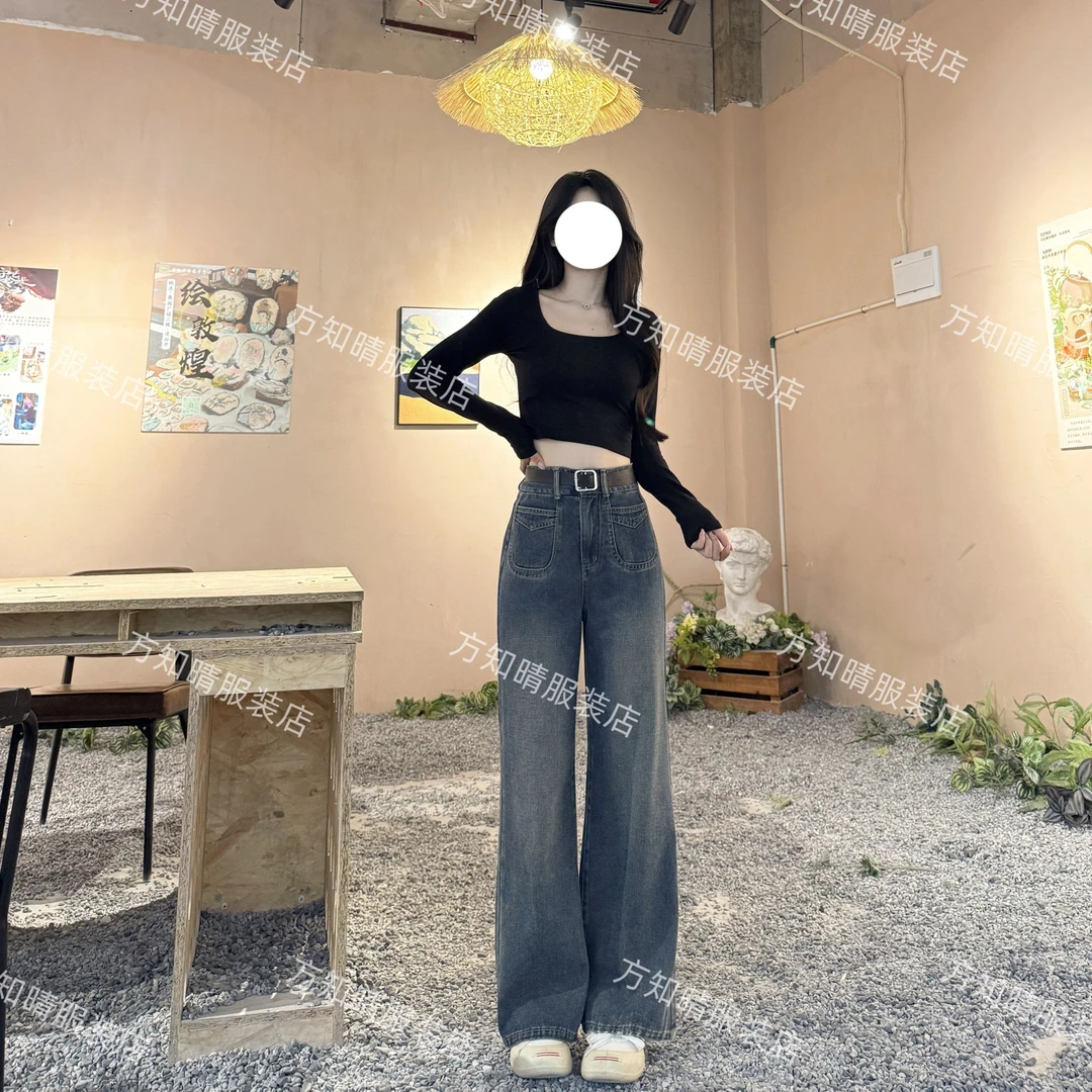 2025早秋新款腰显瘦复古宽松微喇阔腿裤显高百搭牛仔裤女