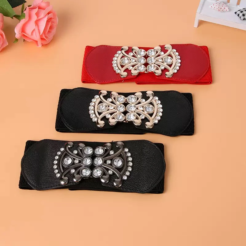 女松紧弹性羽绒服大衣宽腰带 百搭装饰裙带镶钻收腰皮带裙子腰封