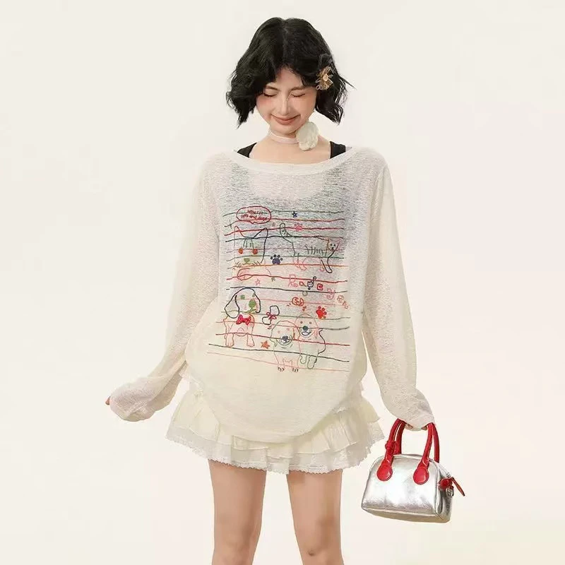 日系甜美风线条猫咪狗狗印花长袖insT恤女春夏微透感宽松防晒罩衫