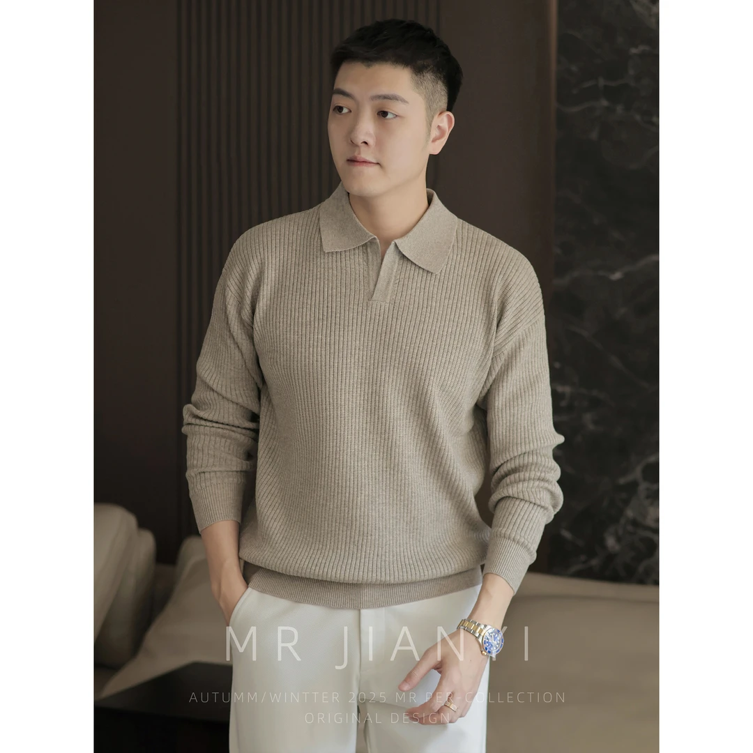 MR JIANYI 秋季坑条肌理针织POLO衫奢感混纺休闲海鸥领长袖毛衣男