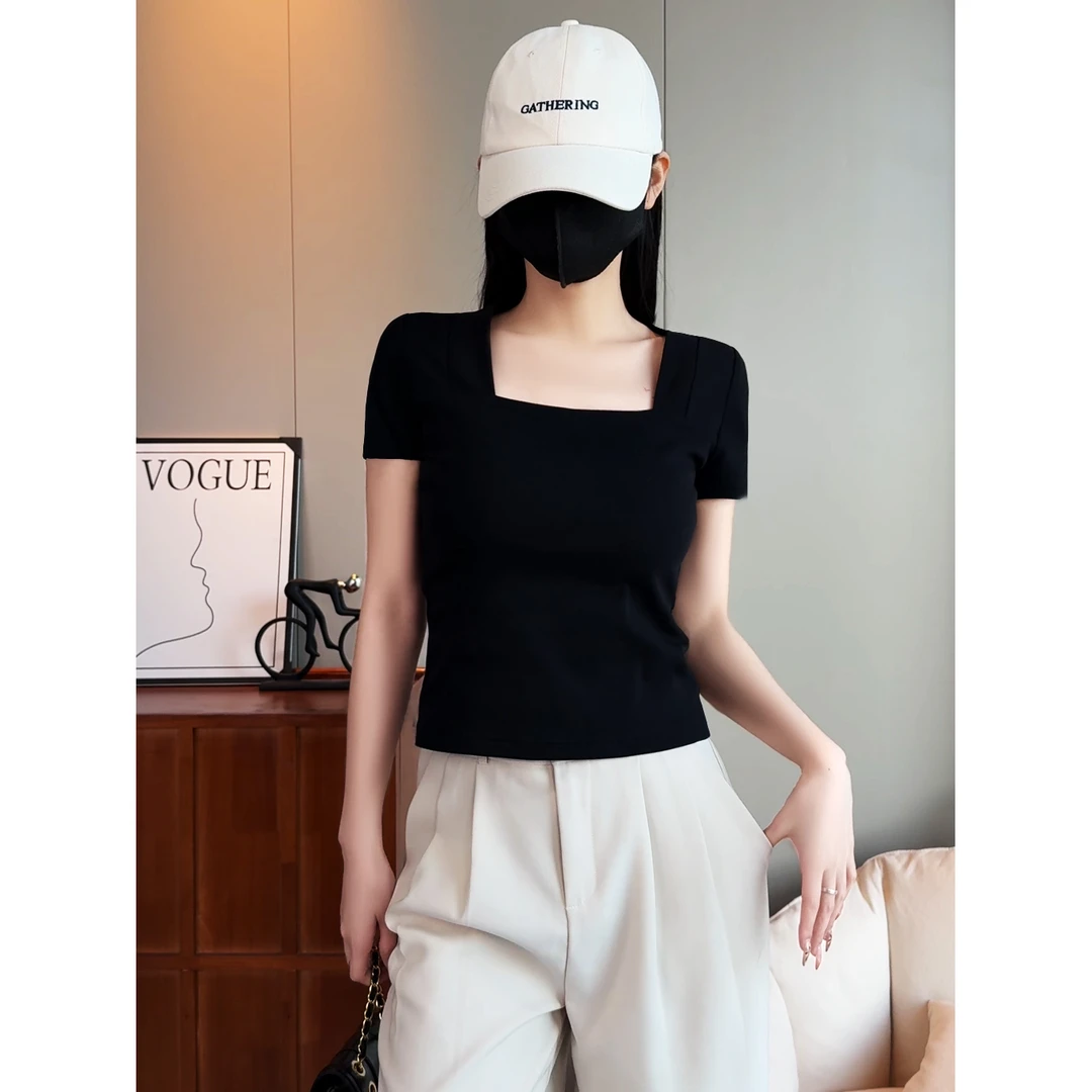 正肩方领短袖高腰T恤黑色时设计感髦小姨风内搭单穿修身显瘦上衣