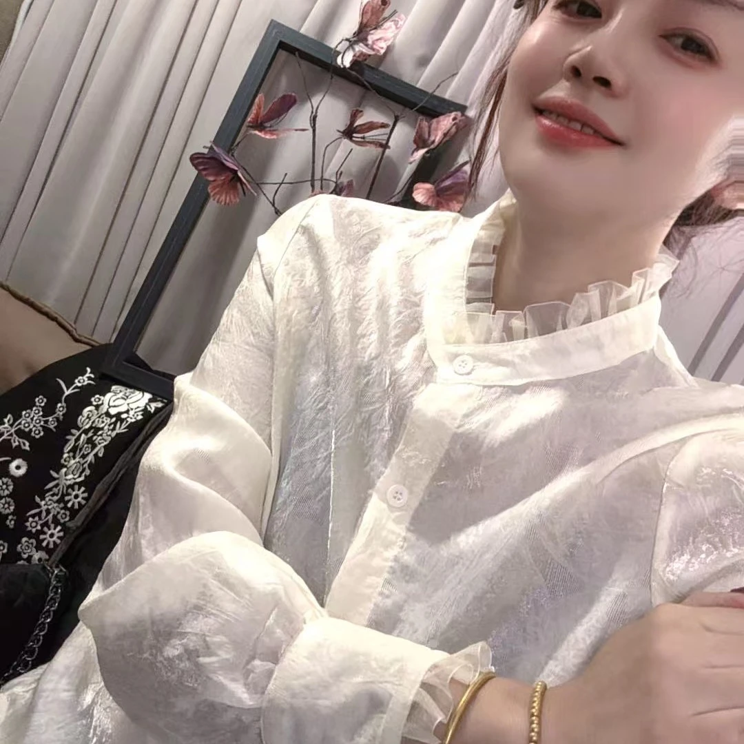 褶皱花边领微喇长袖衬衫女2025新款秋季独特漂亮遮肚子小衫上衣