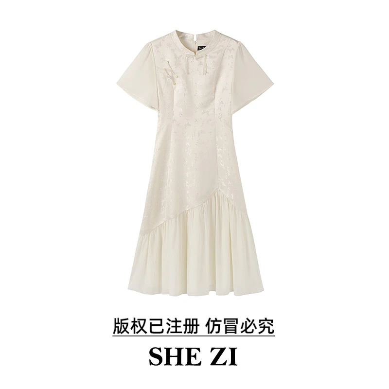 奢姿大码女装2025夏季气质小立领连衣裙胖妹妹拼接时尚旗袍裙子