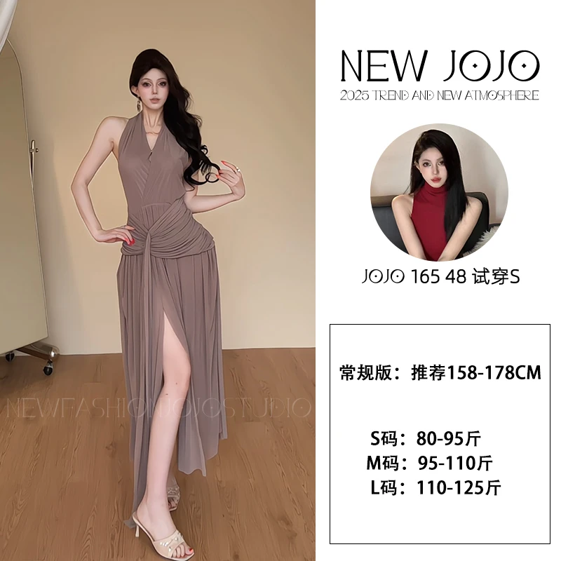 h2/Y179 0612-1【JOJO】挂脖V领开叉礼服长裙女复古性感露背连衣裙