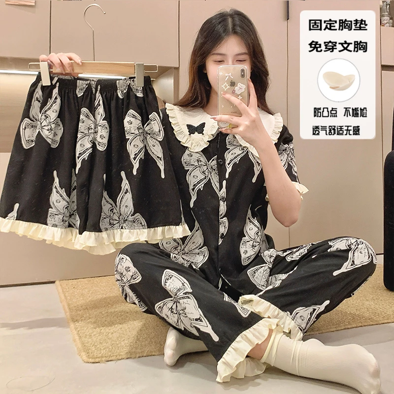 韩系卡通蝴蝶夏季新款云朵棉带胸垫三件套女款短袖睡衣套装家居服