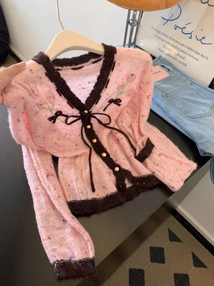 蝴蝶结系带粉色刺绣撞色v领长袖针织开衫女士上衣早秋氛围感穿搭