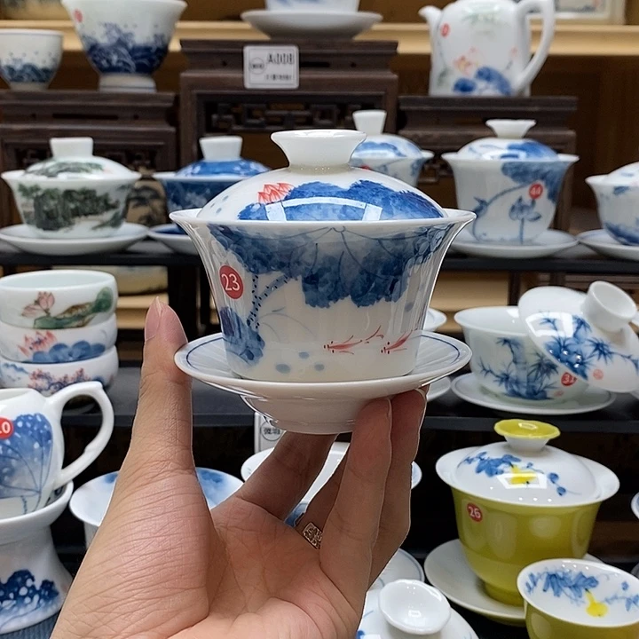 手绘荷花马蹄140cc釉下彩微瑕福利款