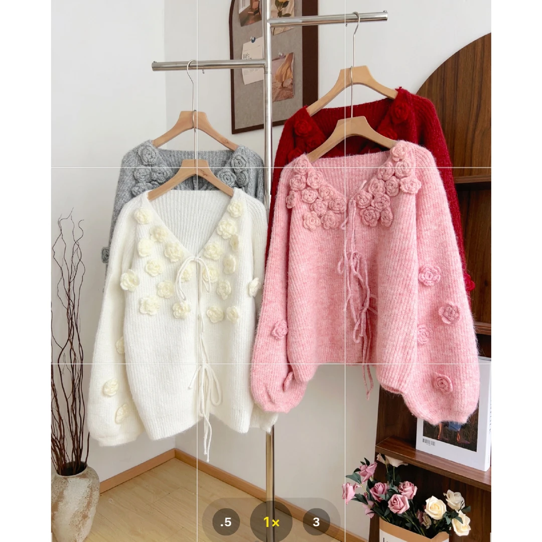 实拍~小镇姗姗风迎玫瑰岛手工花朵毛衣女秋门襟系带设计V领针织衫