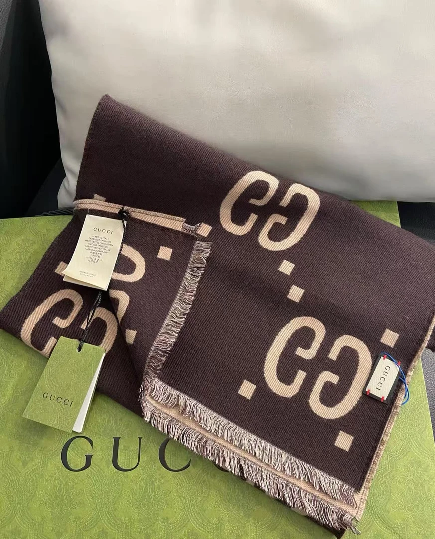 95新 GUCCI/古驰 GGS古驰棕褐色双面羊毛围巾49032815