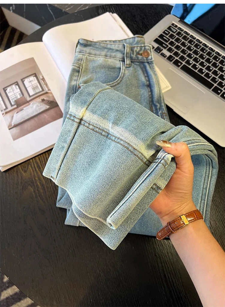 现货现发超显腿直~春季高腰小个子遮胯宽松显瘦直筒九分牛仔裤