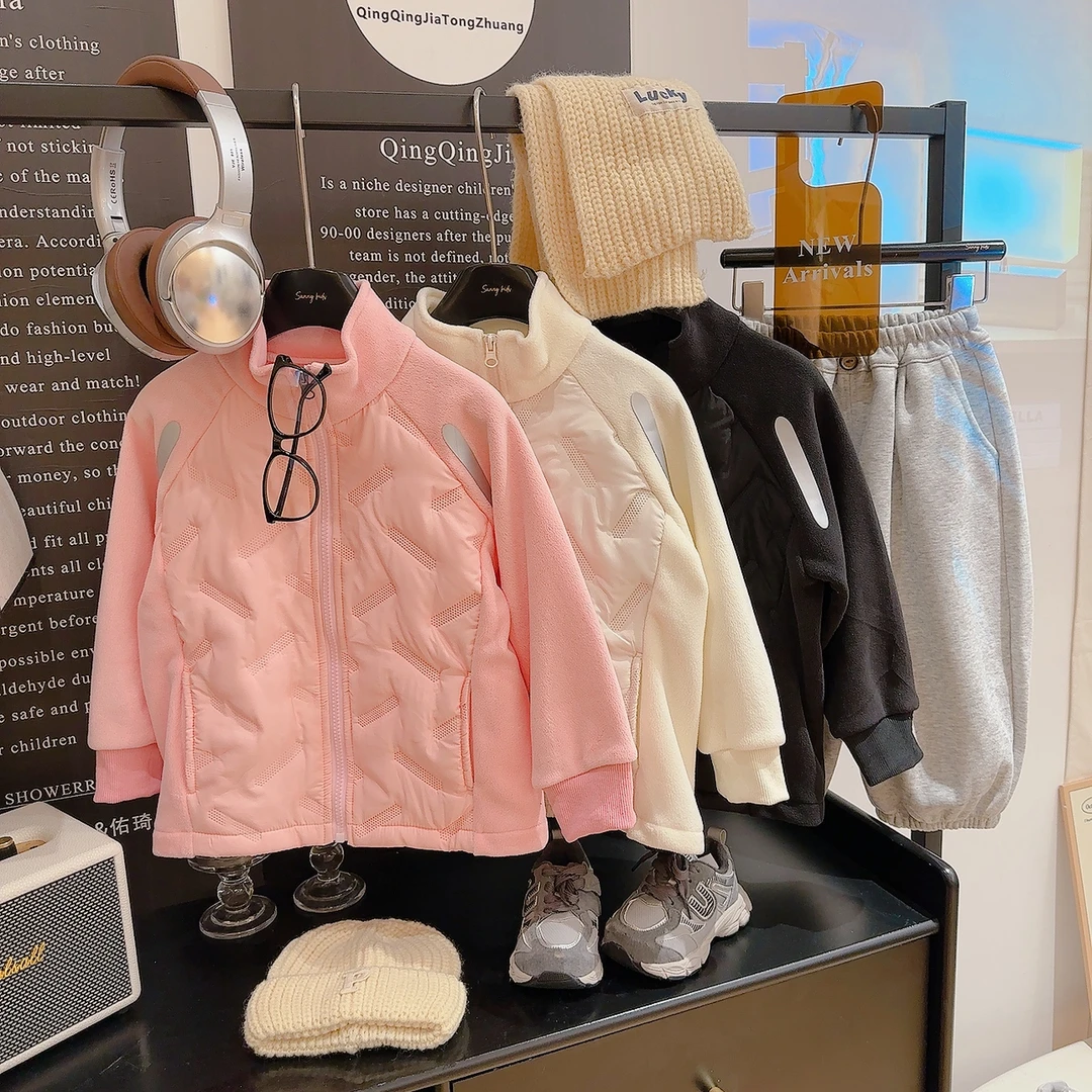 儿童亲子拉链小袄秋冬季女童防风保暖立领外套男童奥粒绒夹棉开衫