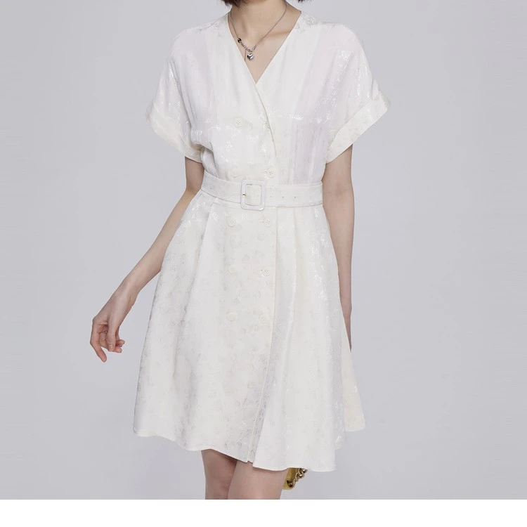 OBEG欧碧倩夏季新款肌理感V领提花中长裙高能感穿搭10422119