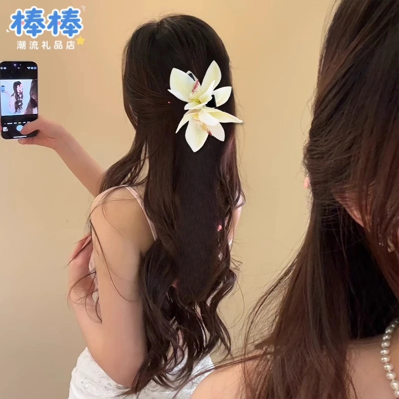 蕙兰花抓夹~仿真氛围感花朵鲨鱼夹超仙海边度假风盘发夹拍照发卡