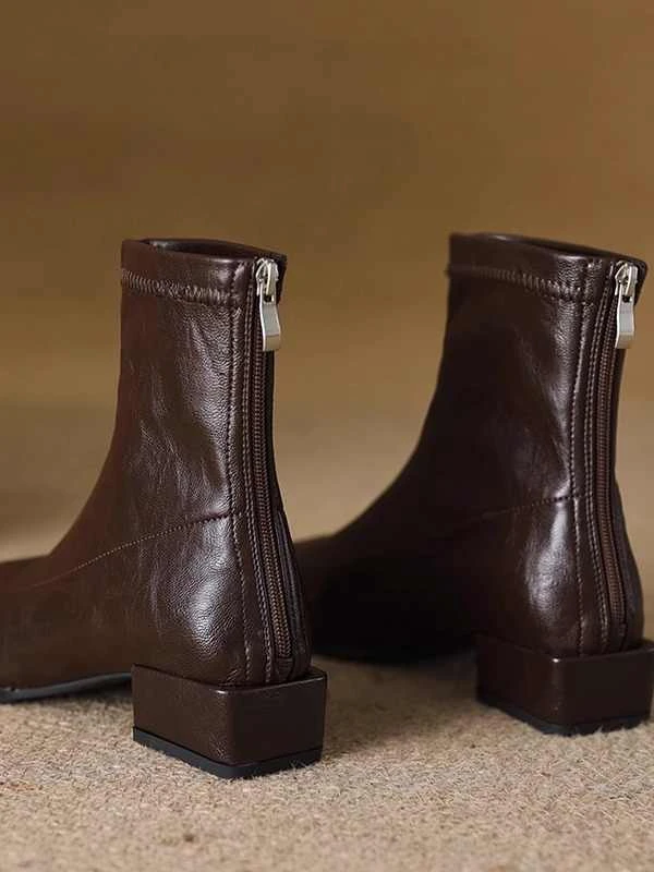 软羊皮舒适加绒秋冬极简风秋冬法式方头瘦瘦靴靴子短靴尖头单靴女