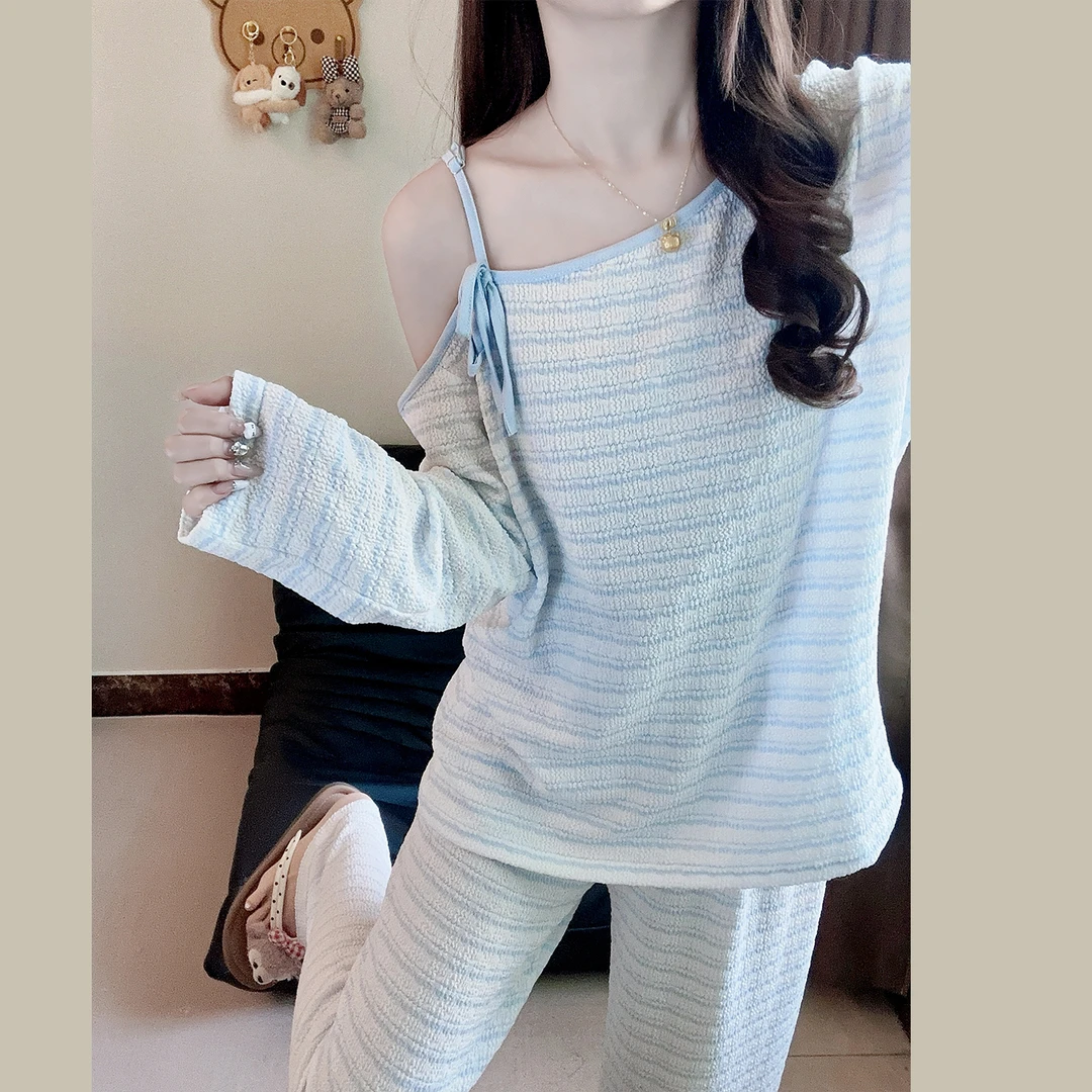 2025新款睡衣女春秋季网红条纹性感露肩小设计感休闲家居服套装冬