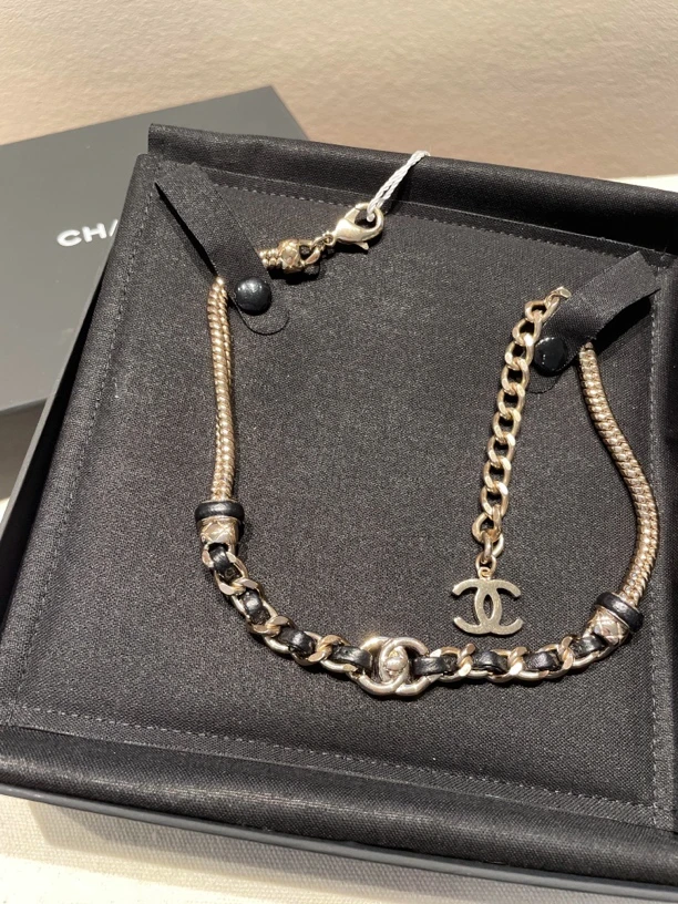 99新 DIOR/迪奥 大吉中古3/Chanel香奈儿金色皮穿链choker项链