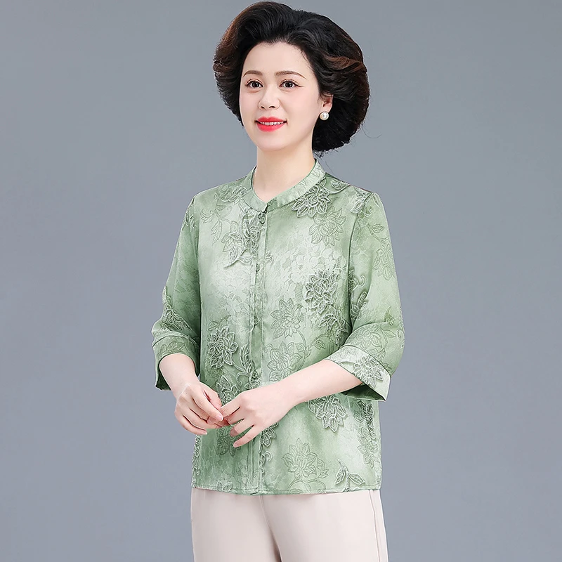 妈妈套装2025新款花色小衫洋气时尚七分袖上衣中老年女装两件套装