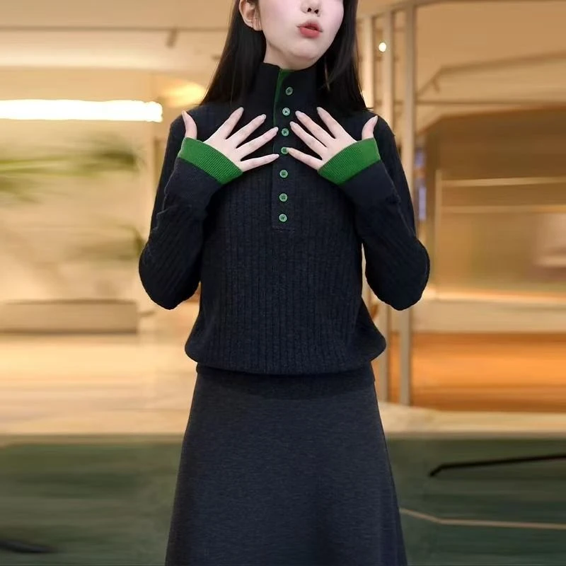 拼色针织打底衫撞色高领保暖坑条上衣打底衫