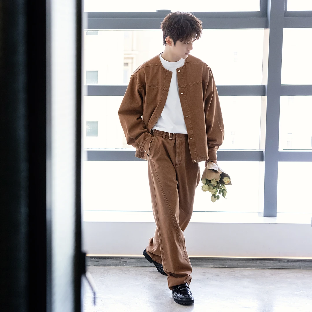 CHICERRO西西里男装秋季高级金色扣圆领牛仔开衫套装男设计师款潮