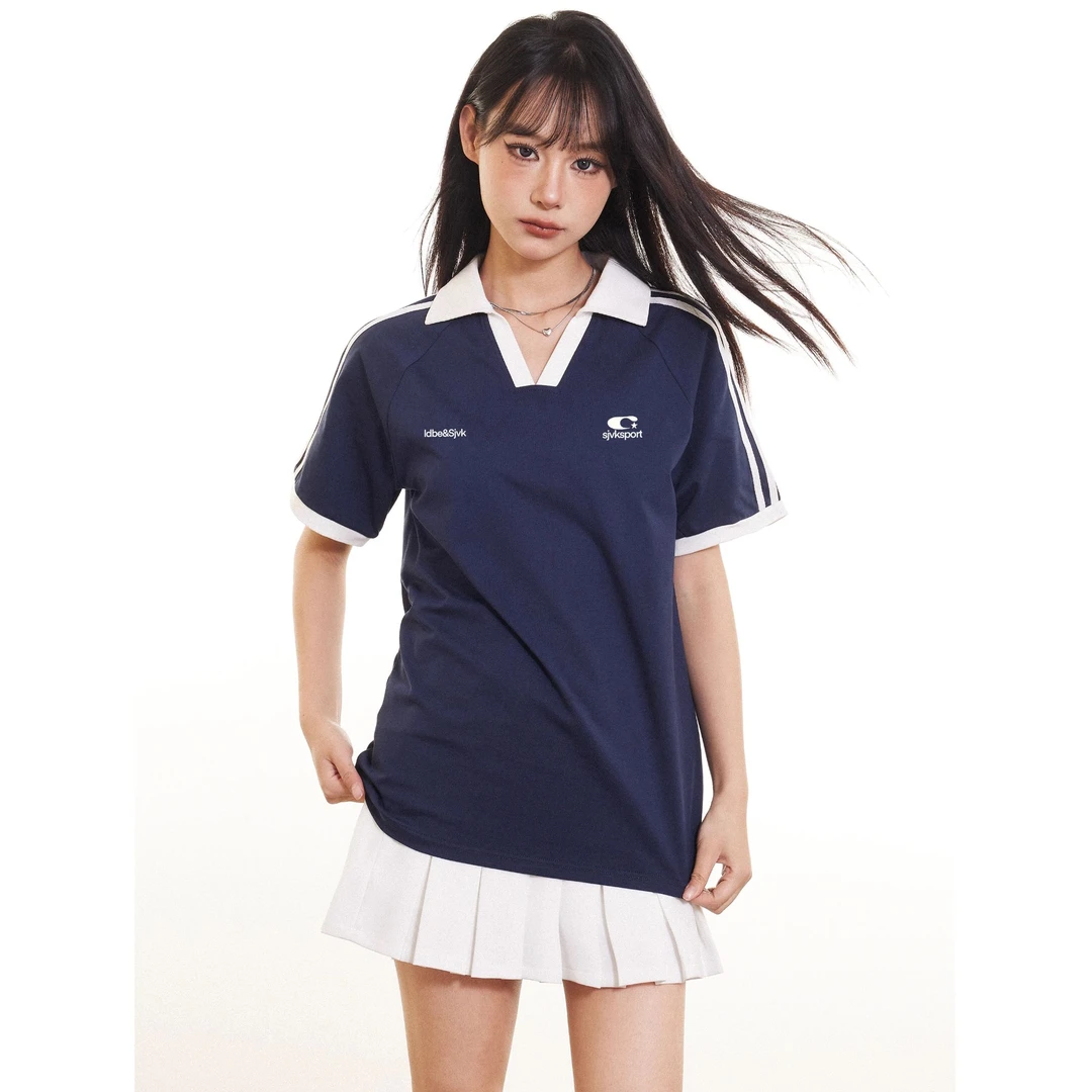 藏青色POLO领短袖女V领三道杠美式百搭宽松女款正肩设计感T恤女