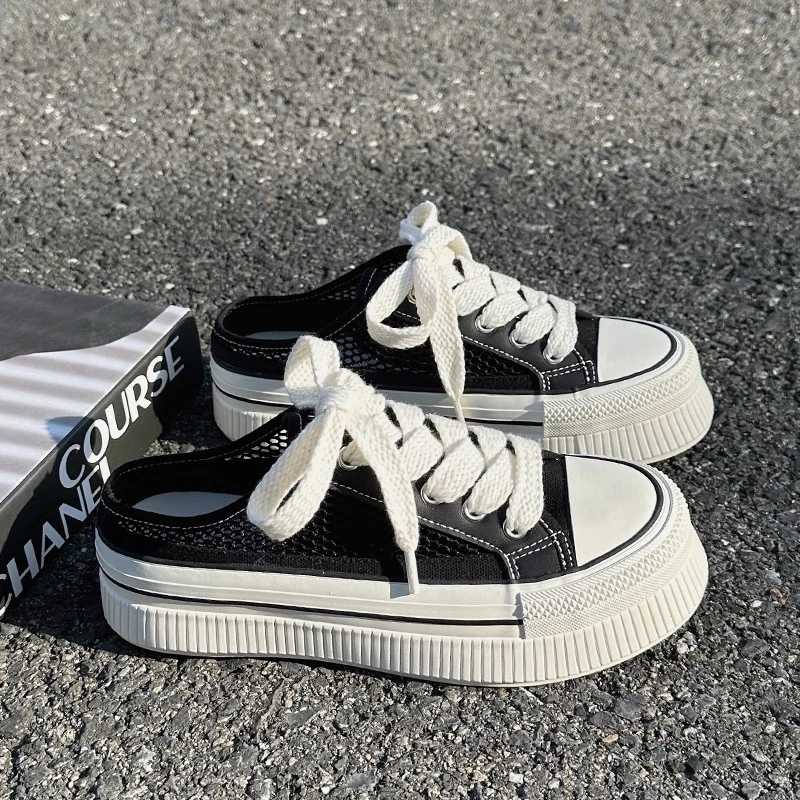 BE-6573一脚蹬鞋女2025年夏季爆款透气网面百搭配裙子帆布半托鞋