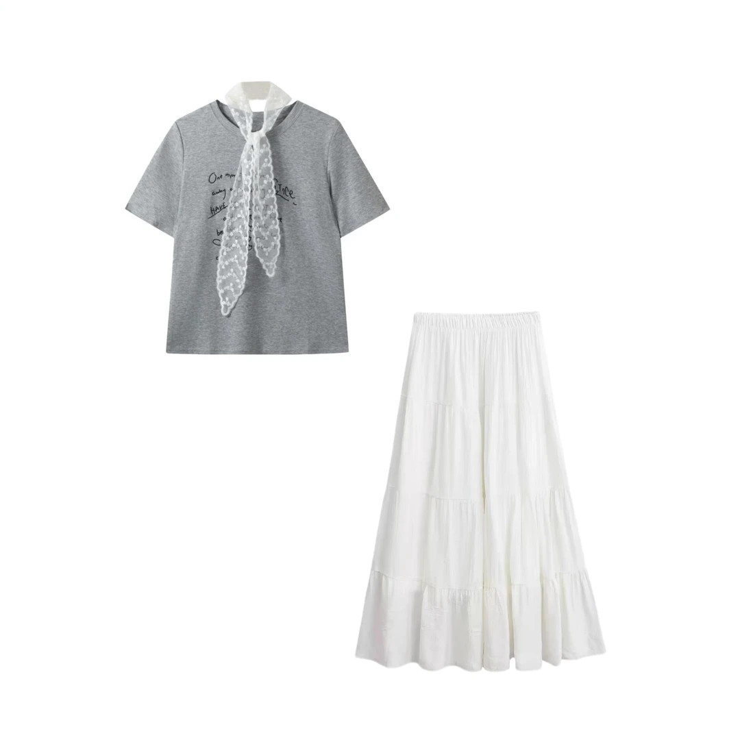 【海豚专属】Malena Dream韩系配蕾丝字母短袖T恤+桃花皱蛋糕裙