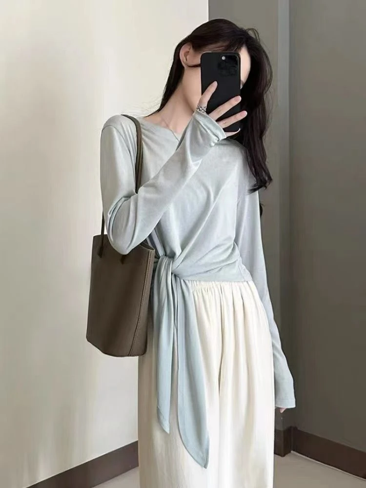 慵懒宽松防晒罩衫上衣春秋新款韩系女式蓝色绑带时尚收腰长袖t恤