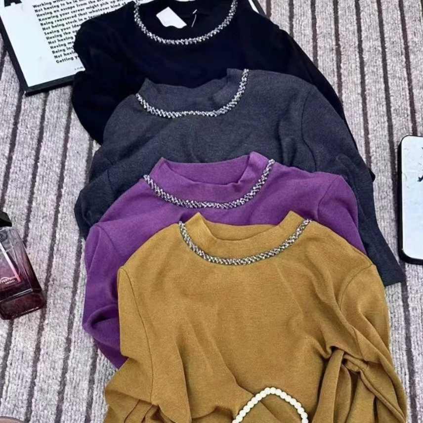 法式轻奢重工手工钉珠羊绒衫春秋中袖韩版网红简约