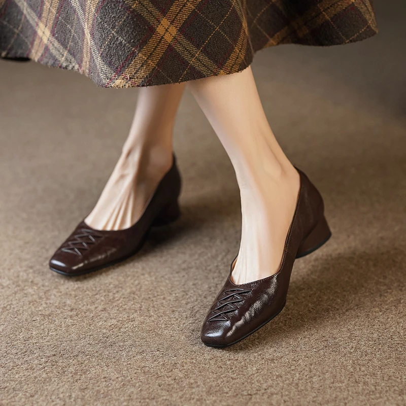 3cm/羊皮/高级感真皮粗跟单鞋女春季新款法式复古方头中跟女鞋子
