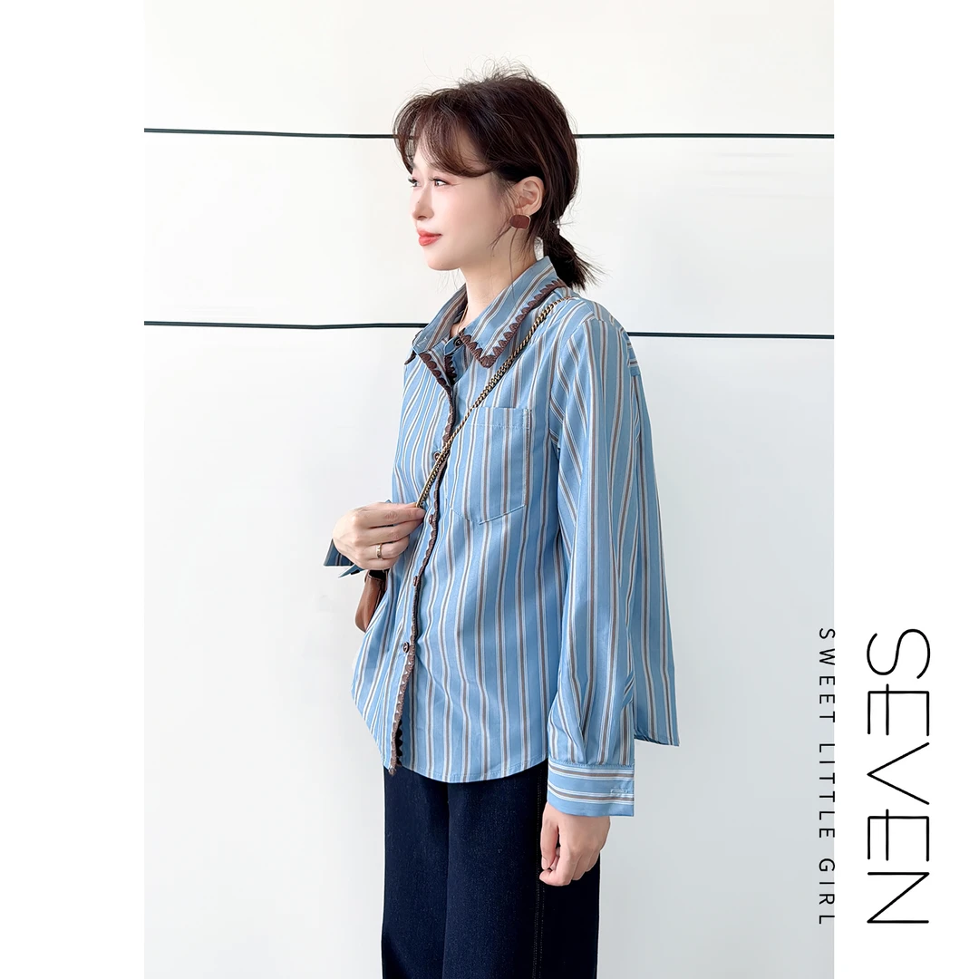 条纹律动⑧七七146小个子老钱风贝壳绣条纹长袖衬衫女款早秋小美说