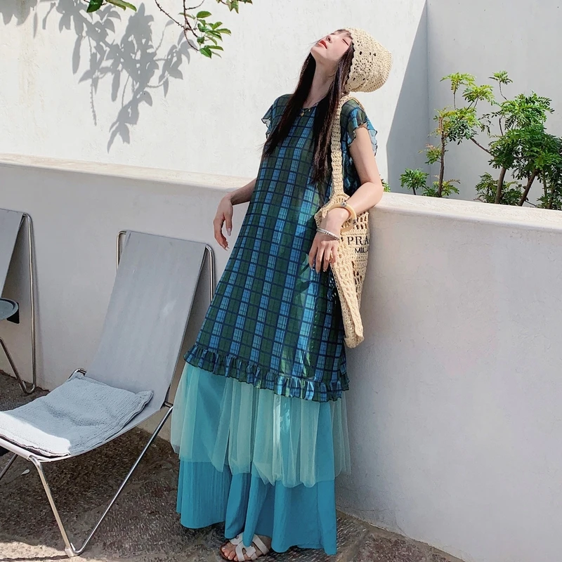 艺术感文艺复古穿搭夏日一整套女网纱拼接格纹背心裙阔腿裤两件套