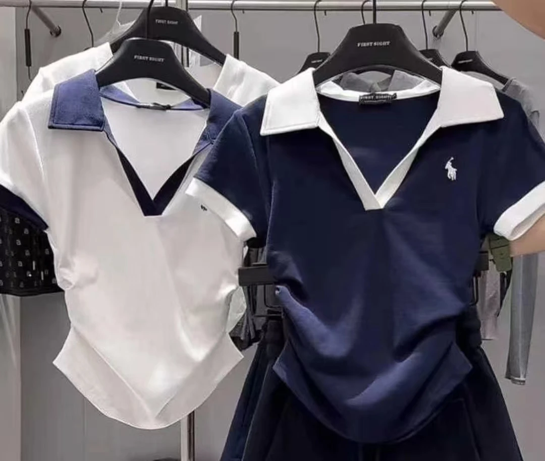 【翻领撞色正肩短袖】2025夏季设计感收腰高考毕业季T恤百搭洋气