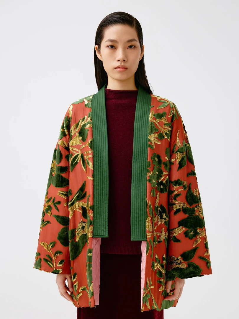 【张羽推荐】LAMAISONJADE玉琼2025秋冬交领红咖色烧花棉服J25A0132