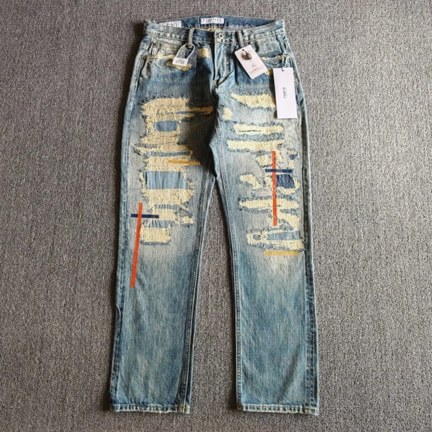大魔王FDMTD十字牛王破坏刀割做旧水洗补丁BORO糜烂赤耳牛仔裤